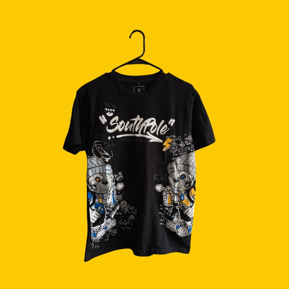 Southpole Mens Black Graphic T-Shirt Y2K Graffiti Bear Embroidered Large